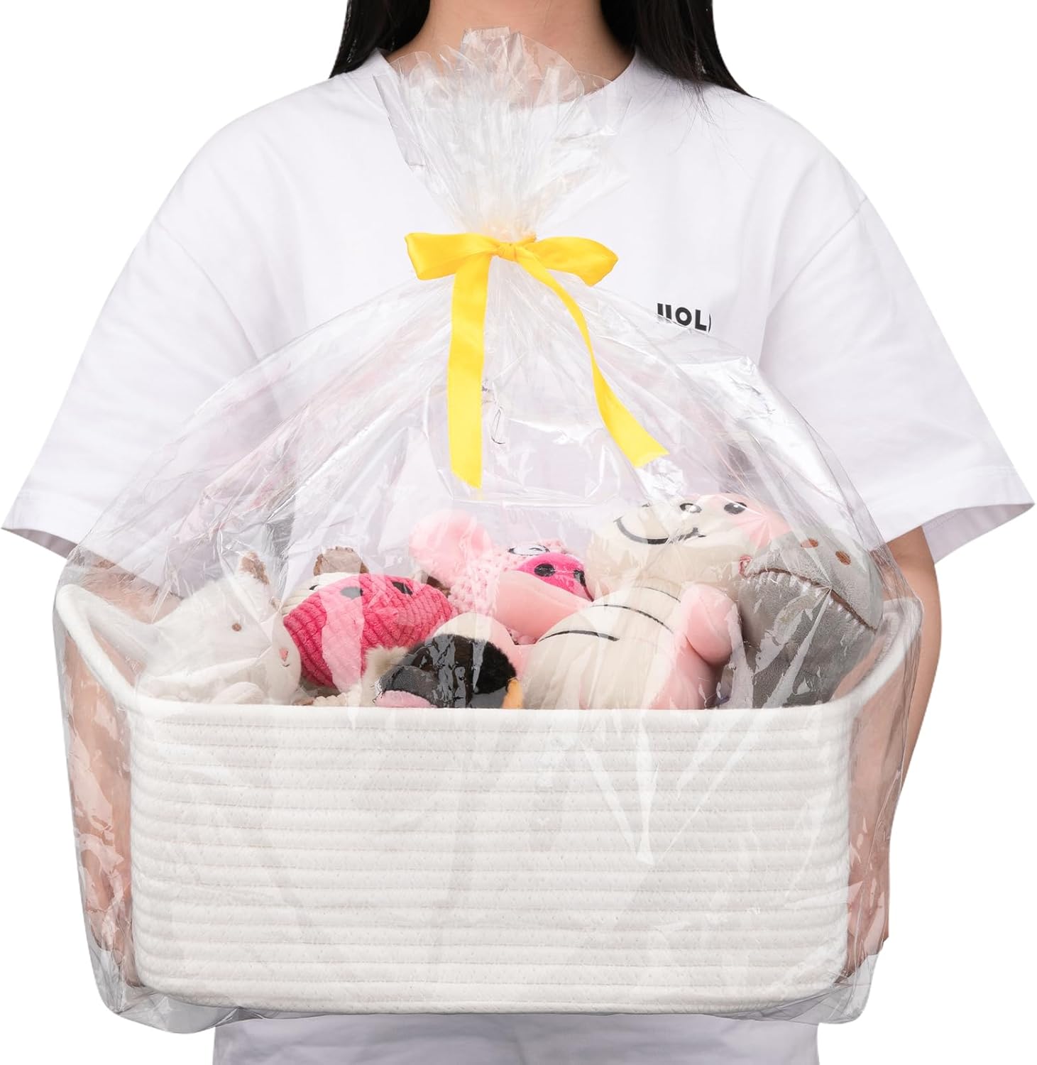 OIAHOMY Woven Storage Basket - Versatile Gift Basket with Handles for Baby Showers & Nursery - White