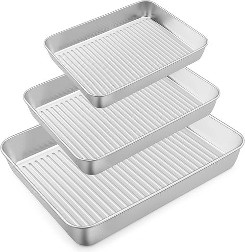 E-far Stainless Steel Baking Pans Set of 3 - Non-Toxic Rectangle Trays for Lasagna, Brownies, Cookies | 12.5/10.5/9.4 Inch