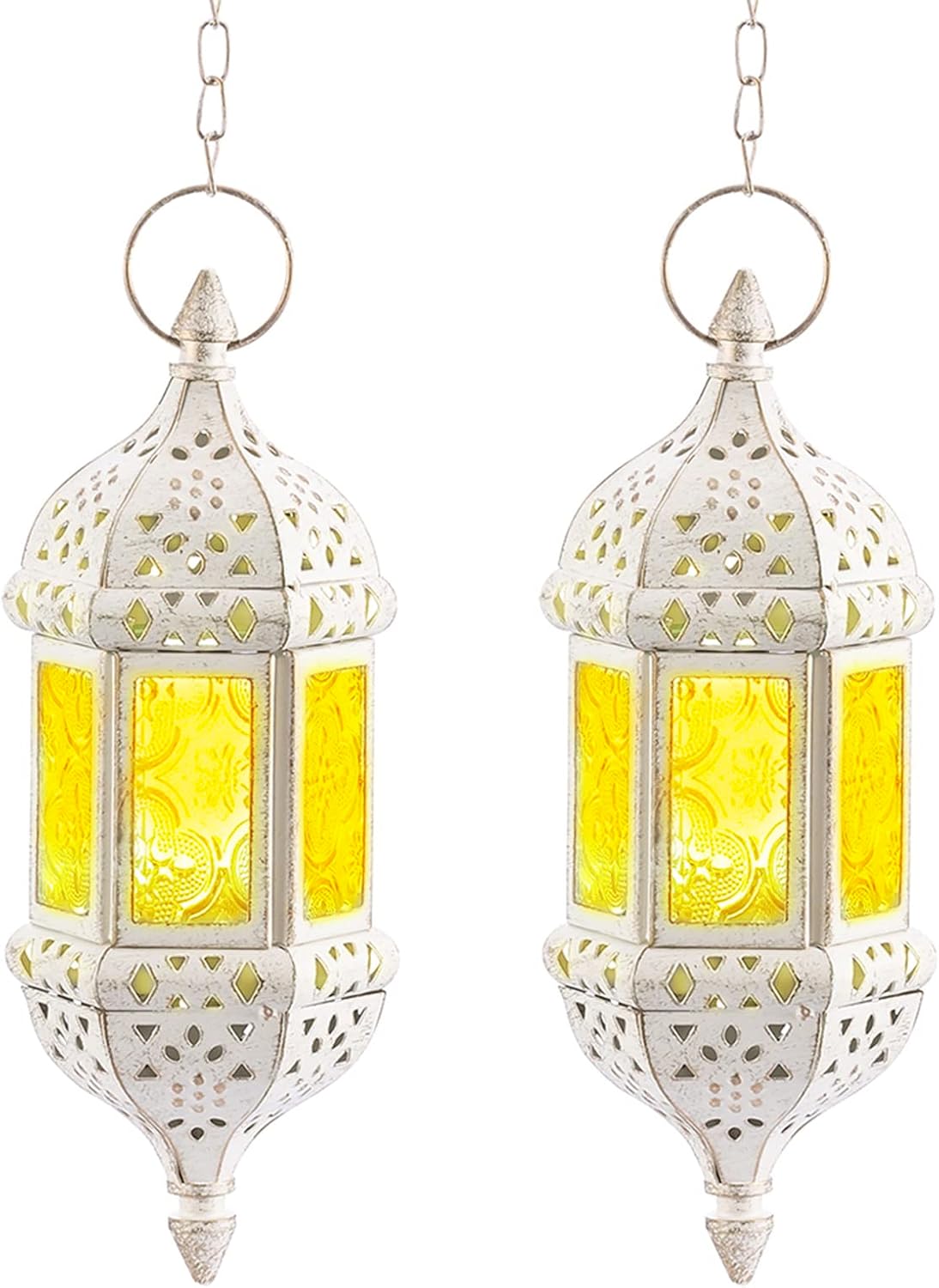 Skiennix Moroccan Lantern | Metalwork Hanging Tealight Candle Holder | Battery Operated LED | 35cm Chain, White