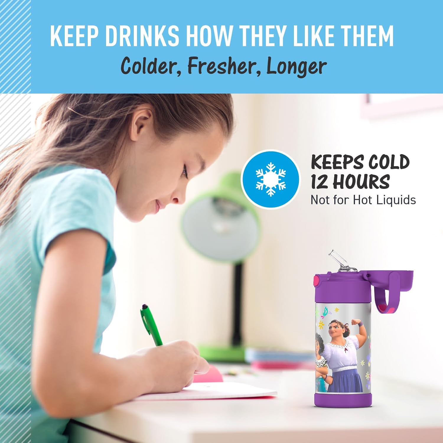THERMOS FUNTAINER Water Bottle - 12 Ounce Kids Stainless Steel Vacuum Insulated with Straw | Encanto Design