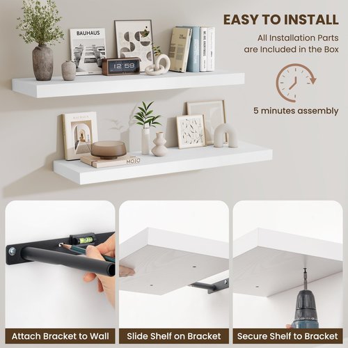 Fun Memories Wood Floating Shelves 16 Inch, 10 Inch Deep Shelves Wall Mount, Wall Shelves with Invisible Bracket, 16" Floating Shelves for Living Room Bathroom Bedroom, White, Set of 2
