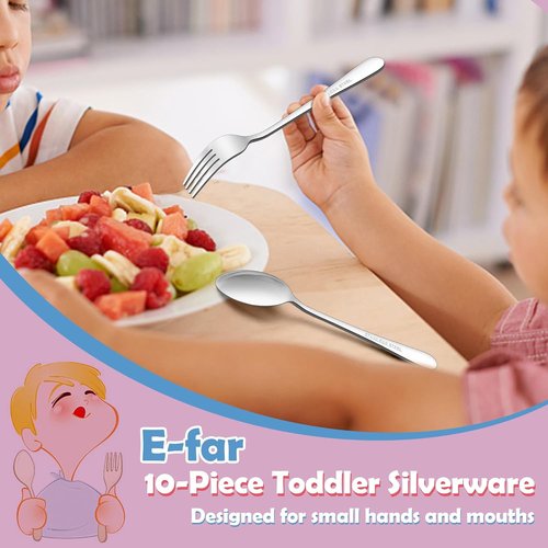 E-far Toddler Utensils Set - 10-Piece Stainless Steel Forks & Spoons | Safe, Non-Toxic Silverware for Self-Feeding
