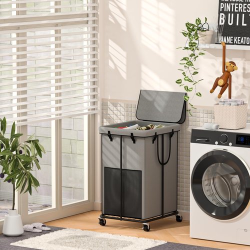 Large Laundry Hampers with Lid, Oxford Fabric Laundry Hampers, Metal Frame and Removable Bag Design with Wheels, Suitable for Bedroom, Bathroom, Dorm Room, Laundry Room (Grey with Lid)