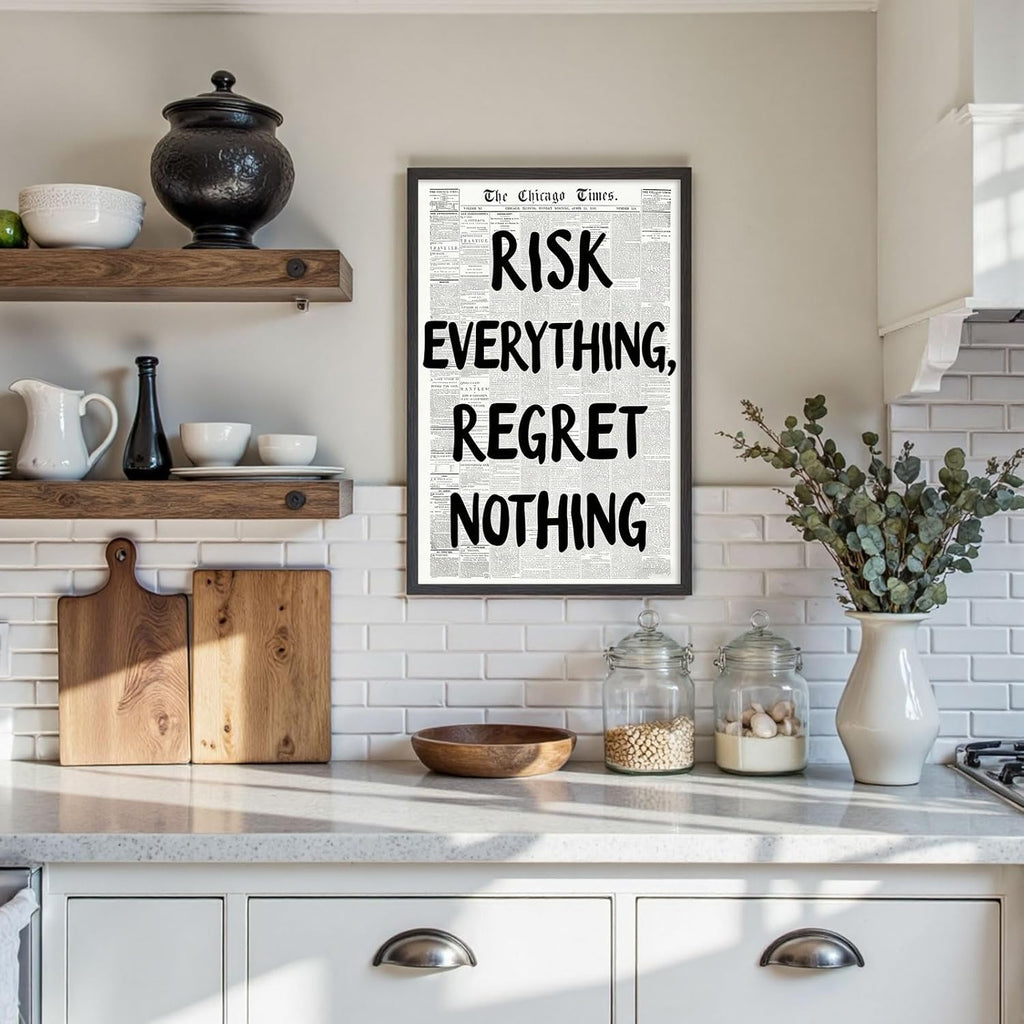RISK Everything REGRET Nothing Canvas Wall Art - Retro Black & White Poster for Home Decor | 16x24 in Unframed