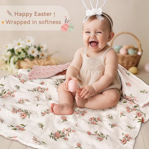 BOPRIO Muslin Baby Blanket - Super Soft Minky with Breathable Cotton Front | Pink Floral 30 x 40 Inch