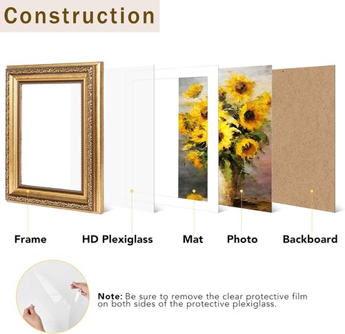 JCJMY Vintage Picture Frame - Elegant 5x7 Photo Frame with 4x6 Mat | Shatter-Resistant Plexiglass, Gold