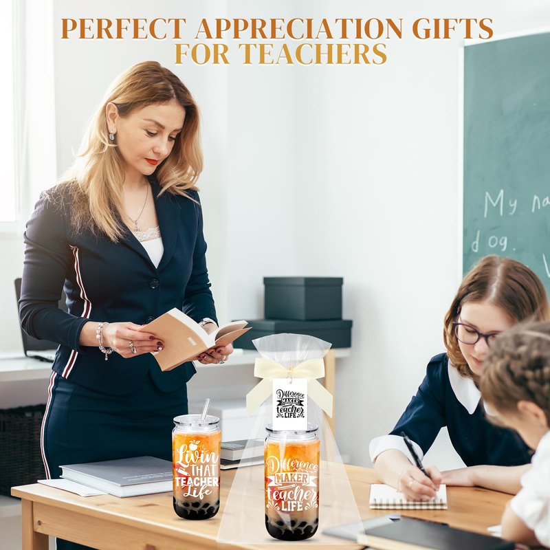 Teenyyou 12 Set Teacher Appreciation Gifts Bulk, 16 oz Thick Plastic Cups Reusable with Straws and Lids, Gift-Ready Packaging, Thank You Teacher Presents for End of Year(Classic)