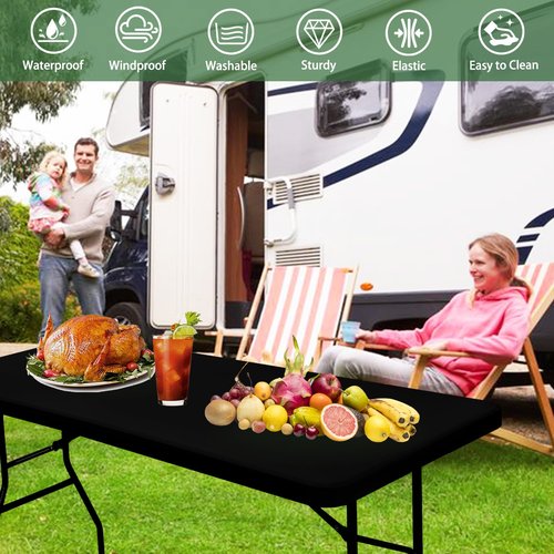 6 Pack Picnic Table Cover Elastic Fitted Tablecloths for 4 Foot Rectangle Tables Waterproof Stretch Washable Patio Folding Outdoor Spandex Table Cloth for Camping Banquet and Parties (Black,30" x 48")
