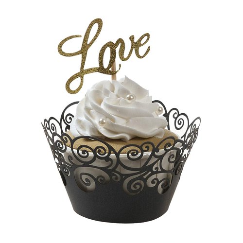 Cupcake Wrappers, KPOSIYA 100 Pack Cupcake Wraps Filigree Artistic Bake Cake Paper Cup Little Vine Laser Cut Liner Baking Cups Muffin Case Trays for Wedding Party Birthday Decoration (100, Black)