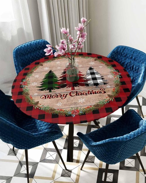 EwdeWwo Christmas Elastic Round Tablecloth, Christmas Tree Red Buffalo Plaid Xmas Snowflake Fitted Tablecloths for Round Table Oil-Proof Waterproof Table Cloth (Fit for 45" - 54" Round Tables)