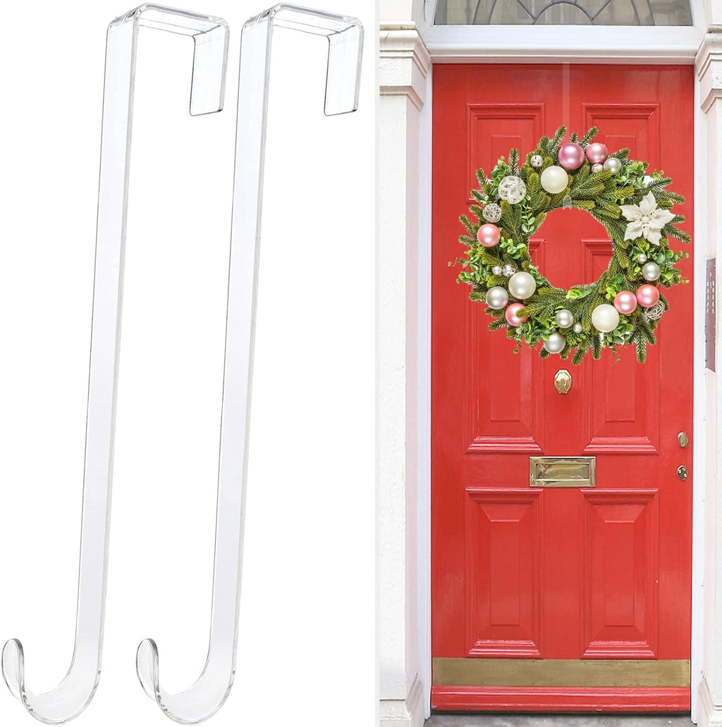 Skiennix Clear Wreath Hanger Hooks - 15 Inch Non-Scratch Over The Door Hooks | 2 Pack for Indoor/Outdoor Decor
