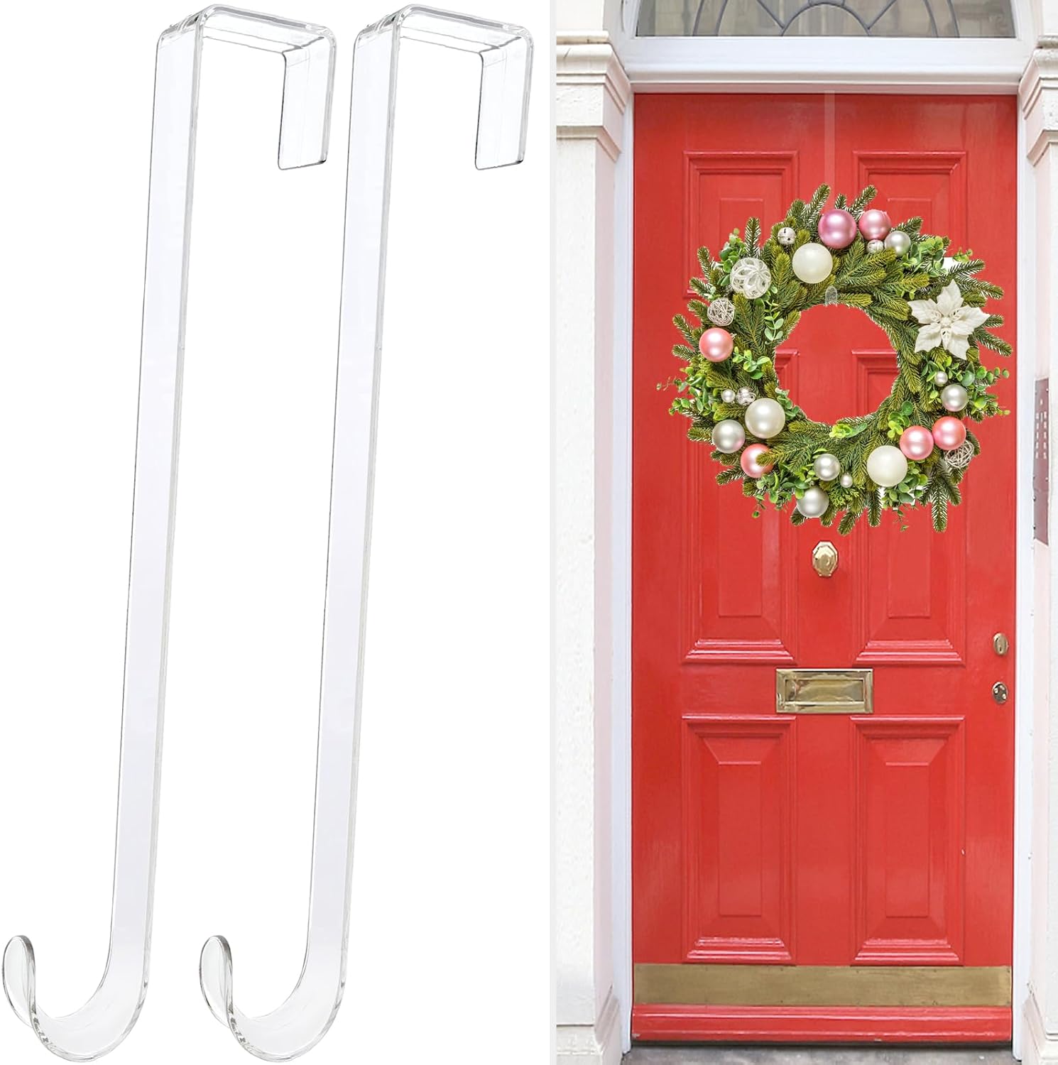 Skiennix Clear Wreath Hanger Hooks - 15 Inch Non-Scratch Over The Door Hooks | 2 Pack for Indoor/Outdoor Decor