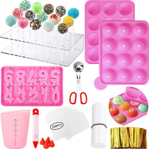 GZMAISULEE Cake Pop Molds Kit 610PCS Lollipop Cake Pop Maker Set with Cake Pop Stand, Cake Pop Sticks and Wrappers, Decorating Pen, 4 Piping Tips, Measuring Cup, Pink