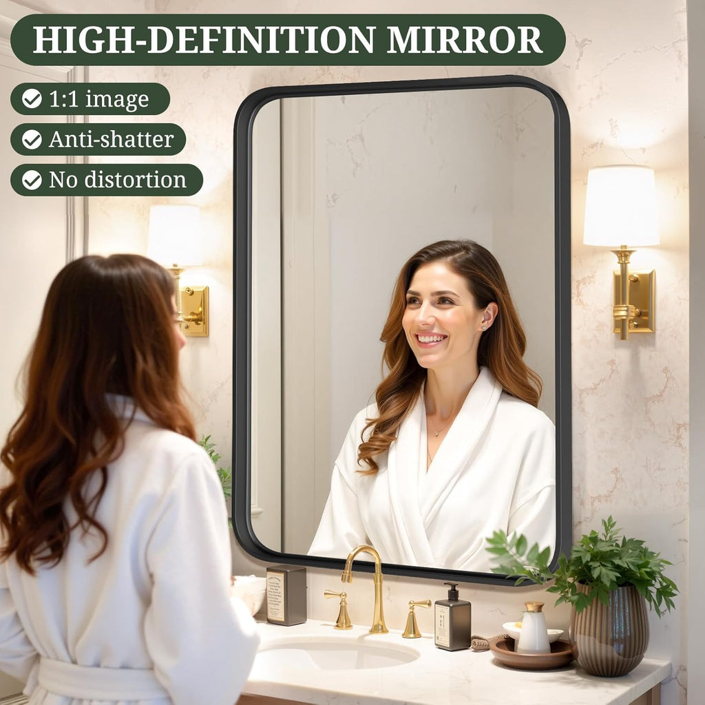 Regine Switzerland 36x24 Inch Black Metal Frame Bathroom Mirror - Modern Anti-Rust Design for Farmhouse & Entryway