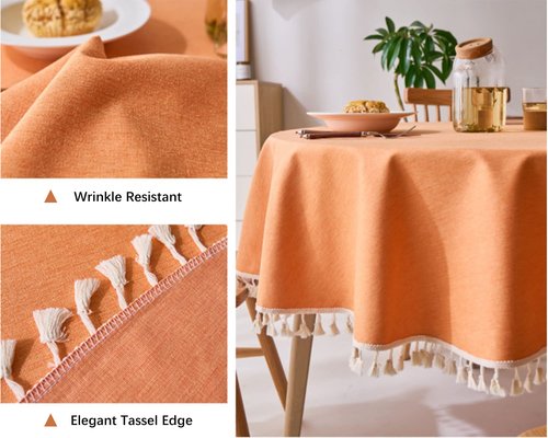 Dimatic Linen Textured Round Tablecloth with Tassel - Waterproof Spill Proof Table Cover for Kitchen Dining Tabletop Decoration, Orange, Round - 78 inch