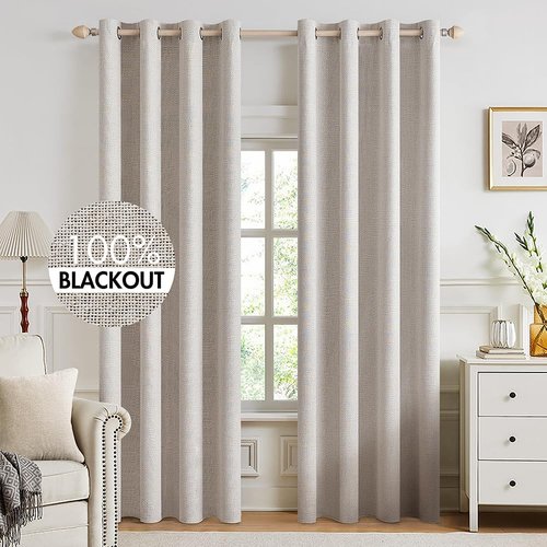 MIULEE 100% Blackout Linen Textured Curtains - Thermal Insulated Ivory Grommet Drapes | 52 x 94 Inch (2 Panels)