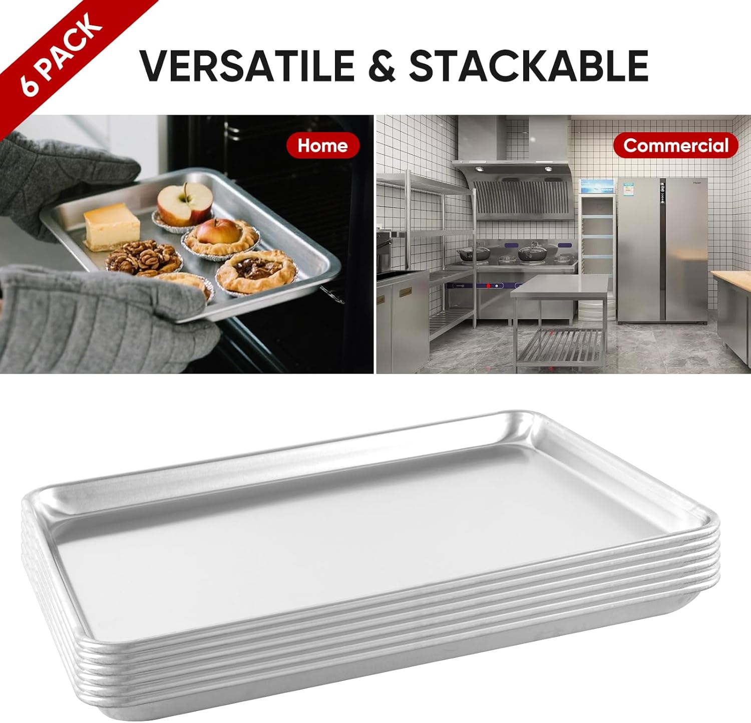 TENUP Aluminum Half Sheet Pan - 6 Pack Heavy Duty Baking Tray | 18" x 13" Warp-Resistant, Rust-Free