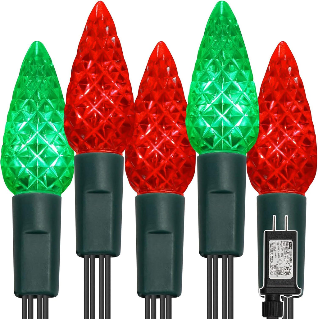 Waterglide C6 Christmas Lights - 33ft 100 LED Faceted String Lights | Waterproof Indoor/Outdoor Decor, Red & Green