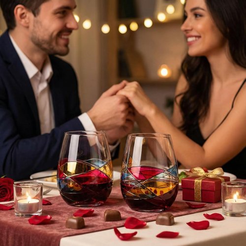 Artisanal Hand Painted Stemless Wine Glasses - Valentines Day Gift, Holiday Gifts for Her, Wife, Mom, Valentine, Renaissance Romantic Stain-glassed Windows, 2 Set - Gifts Idea Birthday, Housewarming