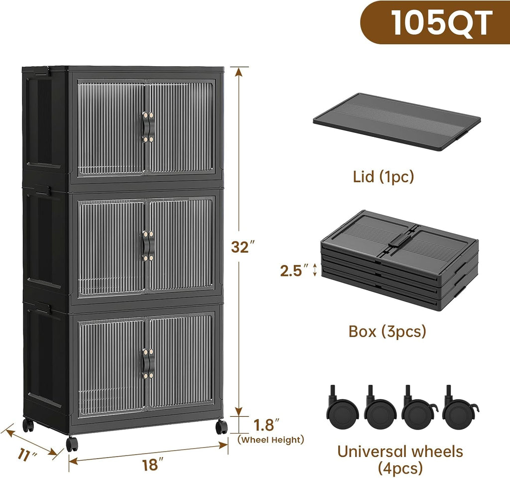 SAILUN Stackable Storage Bins - 26 Gal/105 Qt Folding Organizers with Lid | Black, 18" W x 11" D x 32" H