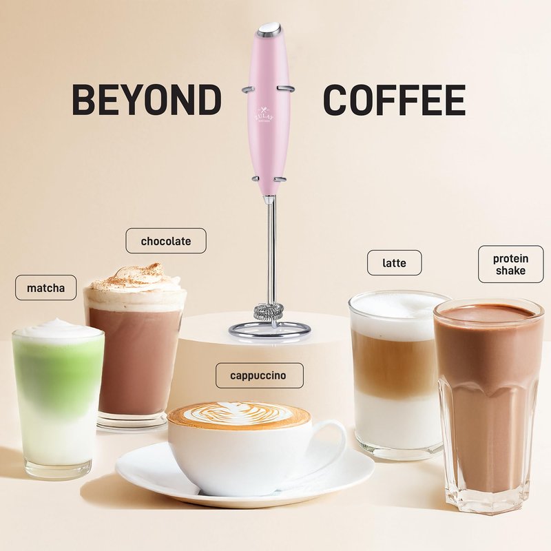Zulay Kitchen Powerful Double Whisk Milk Frother Handheld - Foam Maker With Stand - Whisk Drink Mixer for Coffee, Mini Foamer for Latte, Matcha, Frappe, Hot Chocolate & Cappuccino - Magnetic Pink