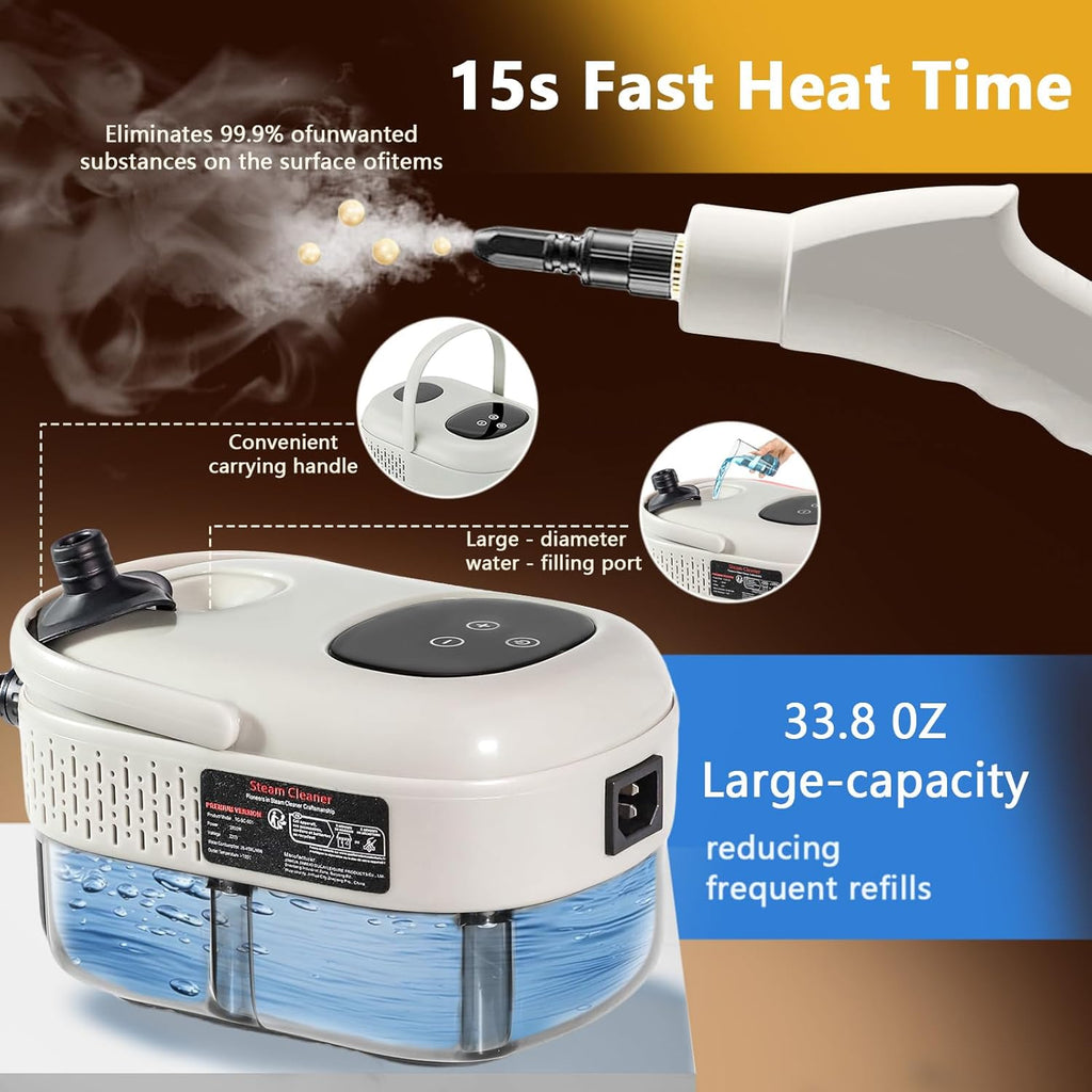 Skiennix Handheld Steam Cleaner - 1000ml Tank, Fast 15S Heat-Up, Versatile for Home & Car Cleaning