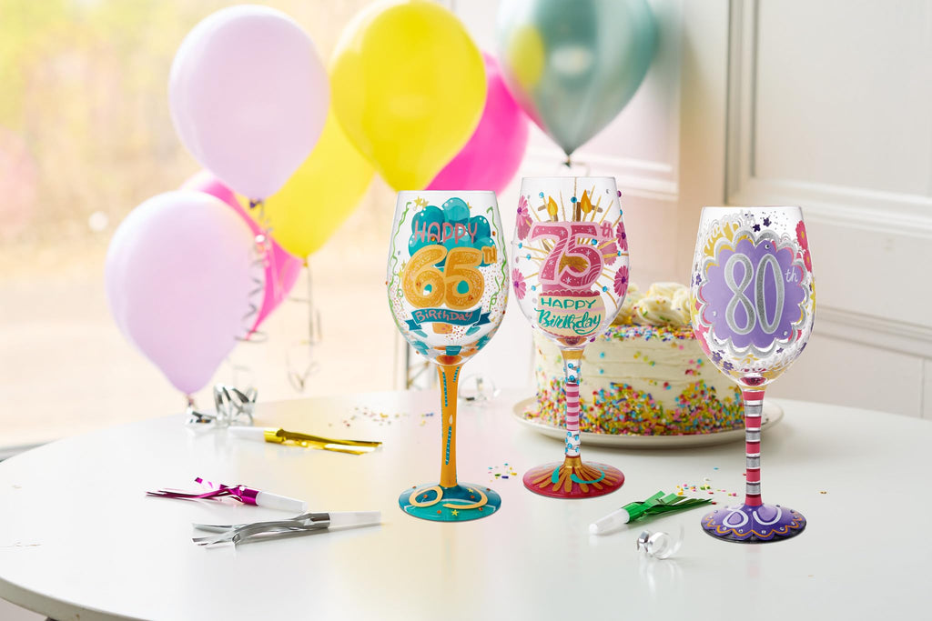 Enesco Lolita Happy 80th Birthday Hand-Painted Artisan Wine Glass, 15 Ounce, Multicolor