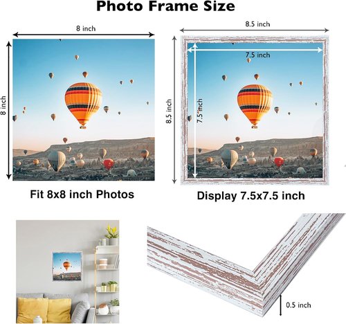 JCJMY 8x8 Picture Frame - Rustic White Wall Hanging & Tabletop Display with Shatter-Resistant Plexiglass