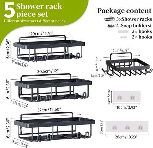 Adhesive Shower Caddy | 5 Pack Rustproof Stainless Steel Bathroom Organizers - Large Capacity, No Drilling, Black