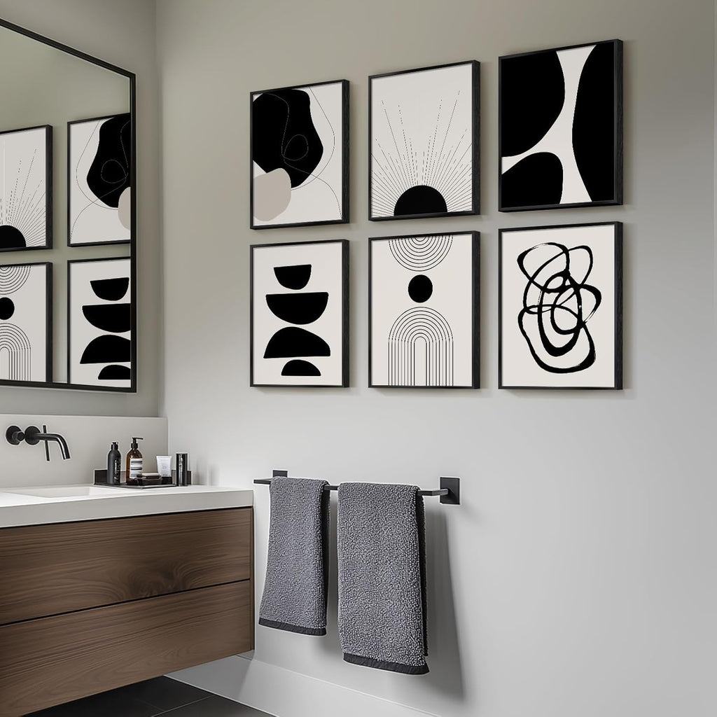 Skiennix Framed Boho Black and White Abstract Wall Art - Set of 6 Modern Canvas Prints | 11x14 Inch Decor