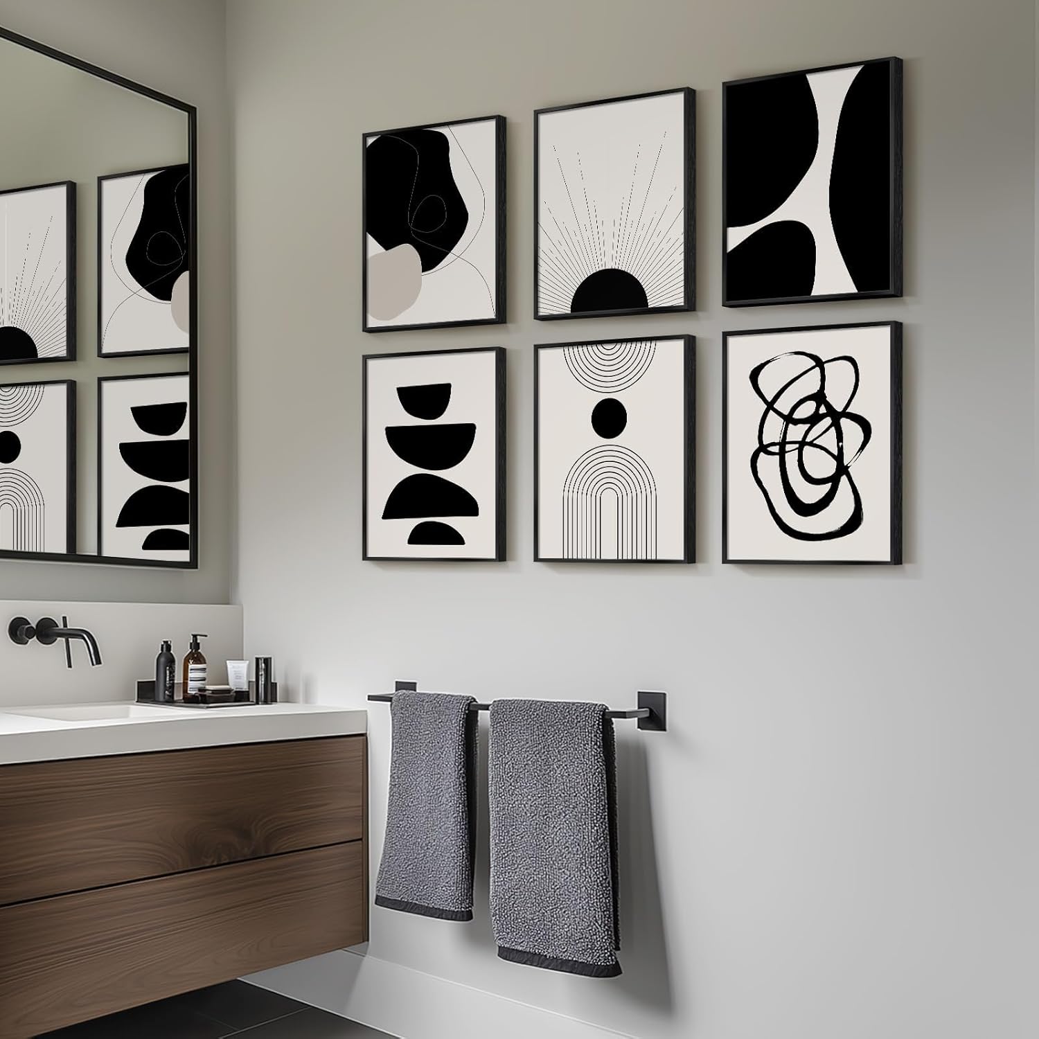 Skiennix Framed Boho Black and White Abstract Wall Art - Set of 6 Modern Canvas Prints | 11x14 Inch Decor