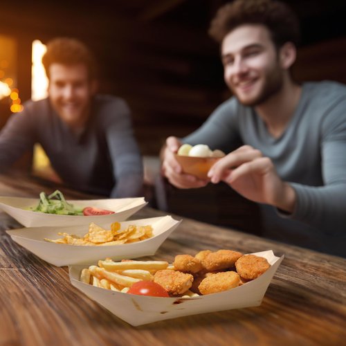 BambooMN - Disposable Food and Appetizer Wood Boat Dishes - 6.7" x 3.5" x 1" - 300 Pieces