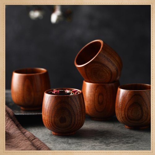 Gerrii 10 Pieces Wooden Tea Cup Wood Coffee Mug Water Japanese Solid Drinking Teacup Glass for Wine, Beer, Milk, Hot Drinks (4 oz)