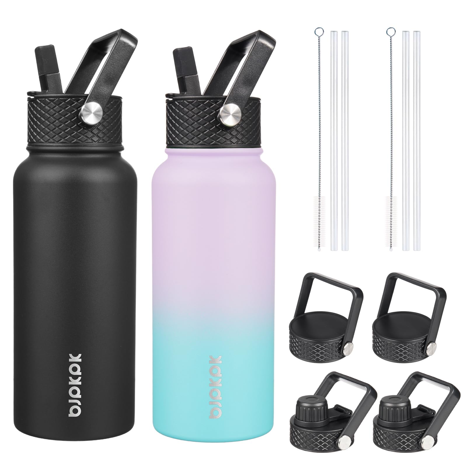 BJPKPK 2 Pack Insulated Water Bottles with Straw Lids, 32oz Stainless Steel Metal Water Bottle with 6 Lids, Leak Proof BPA Free Jugs, Cups, Flasks for Travel, Sports (Lavender Green+Black)