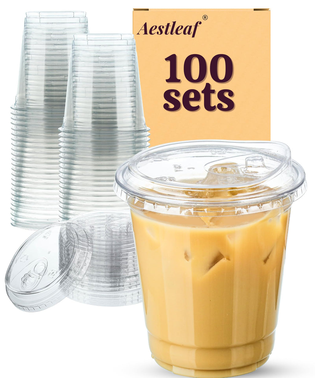 Aestleaf 100 Pack 24 oz Clear Plastic Cups with Lids, Disposable Plastic Iced Coffee Cups with Strawless Sip-Lids, To Go Coffee Cup for Smoothie, Milkshake, Cold Drinks