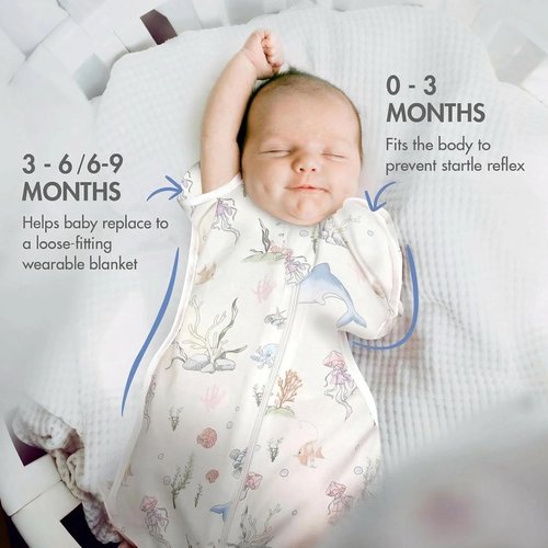 ANYEDDE Arms Up Swaddle 0-3 Months - Breathable Newborn Sleep Bags with Removable Cuffs, Blue Dolphin