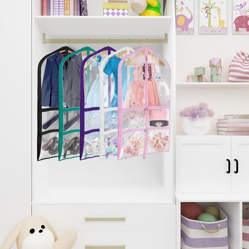Univivi Clear PVC Dance Costume Garment Bag 40 Inch Hanging Garment Bag for Dance for Kids, with 4 Medium Clear Zipper Pockets and 1 Large Back Zippered Pocket (8 Pack)
