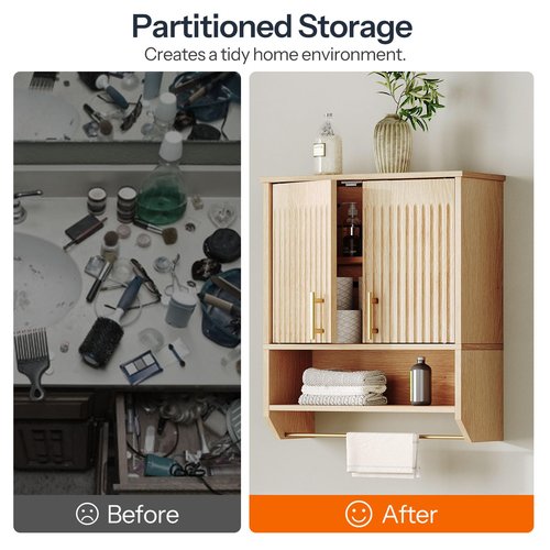HOOBRO Fluted Bathroom Wall Cabinet, Farmhouse Medicine Cabinet with 2 Fluted Doors, Wall Storage Shelf with Towel Rack, Adjustable Shelf, for Small Spaces, Bathroom, Kitchen, Natural