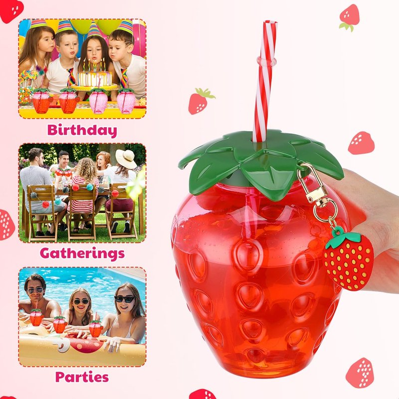 DOITOOL Strawberry Shaped Cups with Lids and Straws 16 Pcs Plastic Strawberry Drinking Tumblers for Girls Portable Milk Tea Cups for Parties and Everyday Use