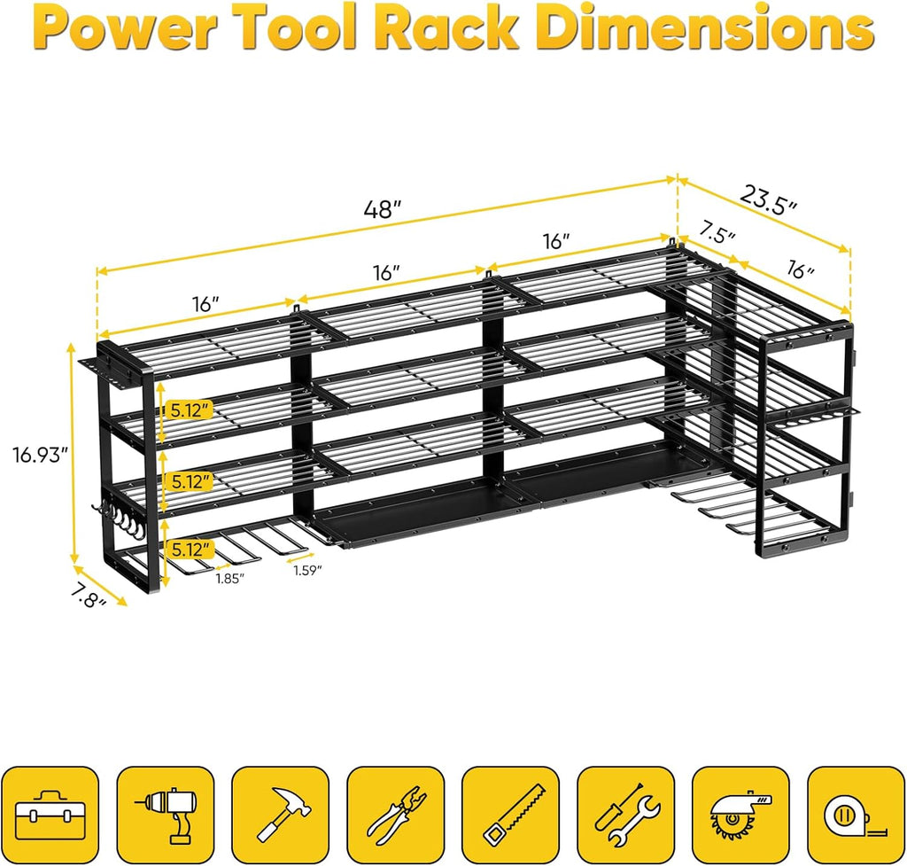 POKIPO Heavy-Duty Power Tool Organizer - Extra Large 64" Wall Mount Rack with 8 Drill Holders | 1000 lbs Capacity