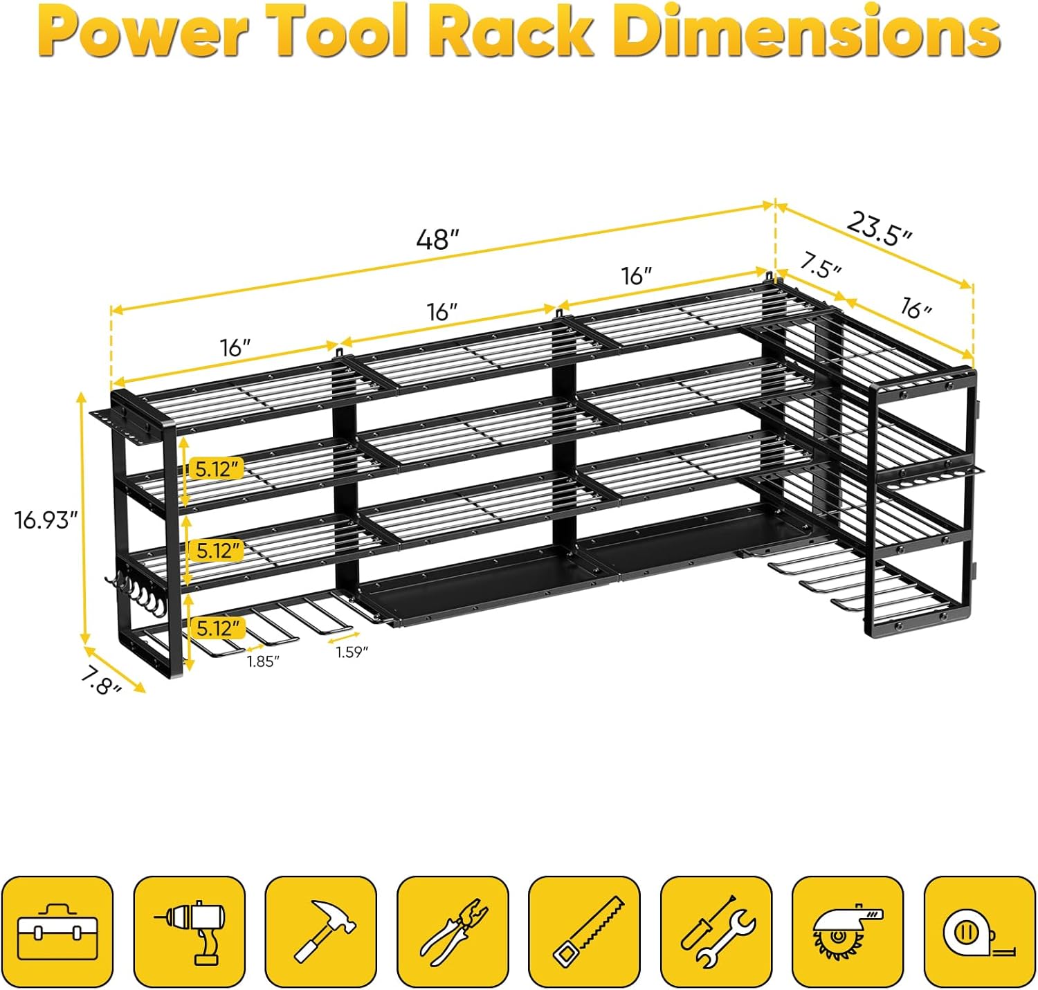 POKIPO Heavy-Duty Power Tool Organizer - Extra Large 64" Wall Mount Rack with 8 Drill Holders | 1000 lbs Capacity
