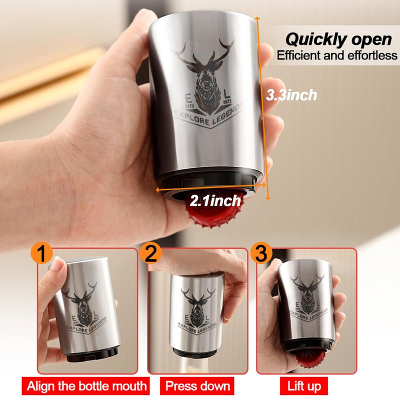 Automatic Beer Bottle Opener 2PCS with Magnetic Cap Openers, Stainless Steel Push Down and Pop Off One Handed Opening Bottle Openers for Kitchen Home, Bar Restaurant, Bartender abridor de cerveza
