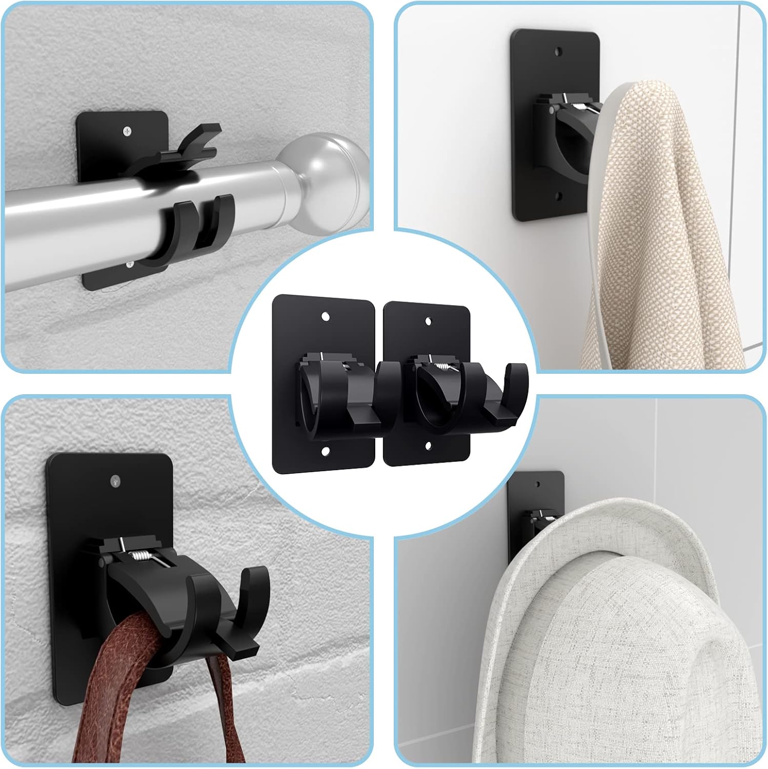 Skiennix Self-Adhesive Curtain Rod Brackets - No Drill, Universal Holders for Home | Black, 2 Pieces