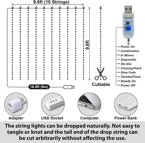 HXWEIYE 300LED Fairy Curtain Lights - 9.8x9.8Ft USB Plug-In with Remote | 8 Modes Warm White Indoor Decor