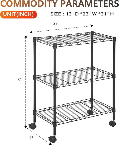 BestOffice 3-Tier Wire Storage Shelves - Heavy-Duty Metal with Wheels | Adjustable Racks | 23x13x31 | Black | Easy No-Tool Assembly