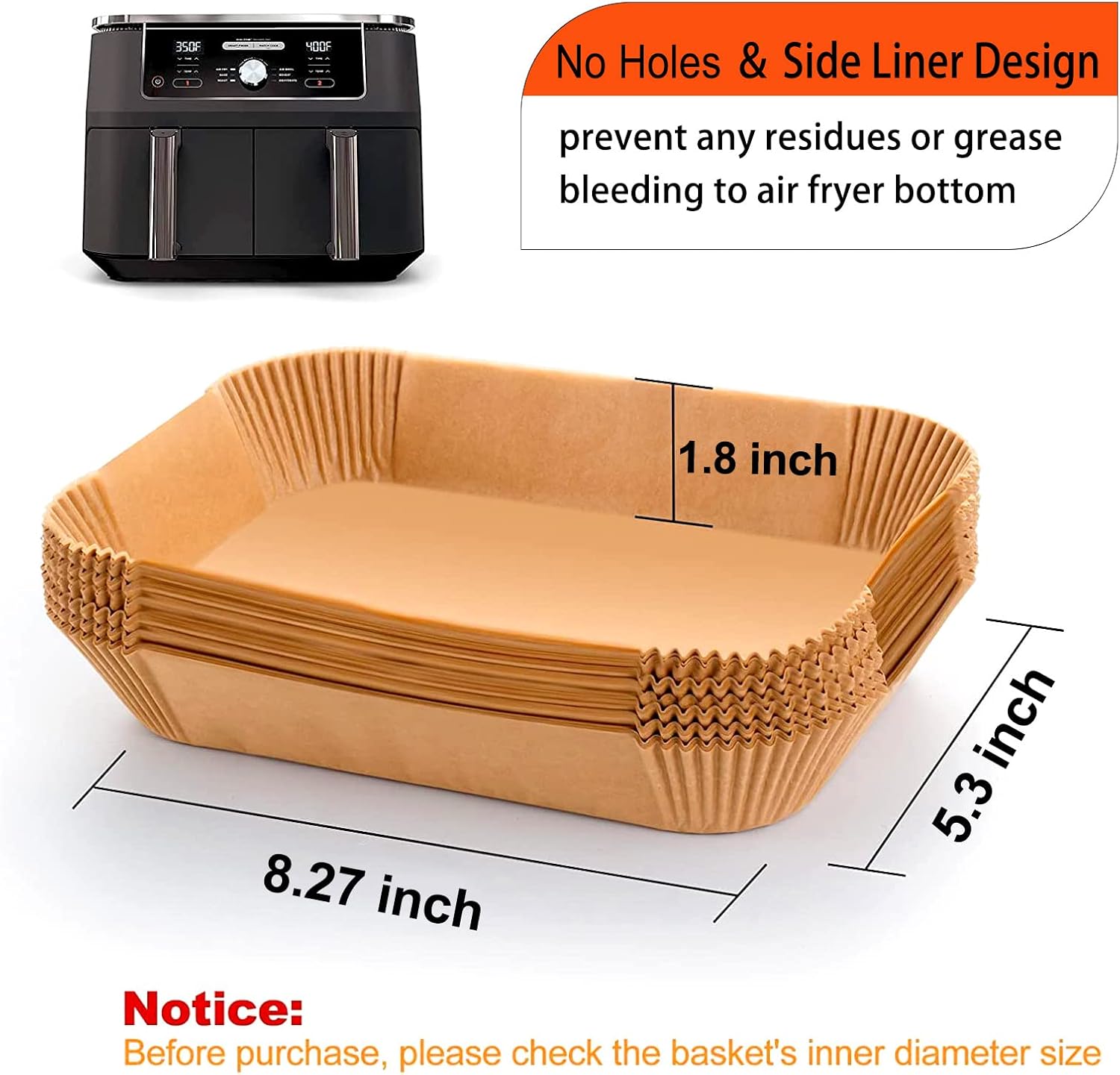 Ninja Foodi Air Fryer Liner - Rectangular Parchment Paper for 8QT & 10QT Baskets | 125 Pcs