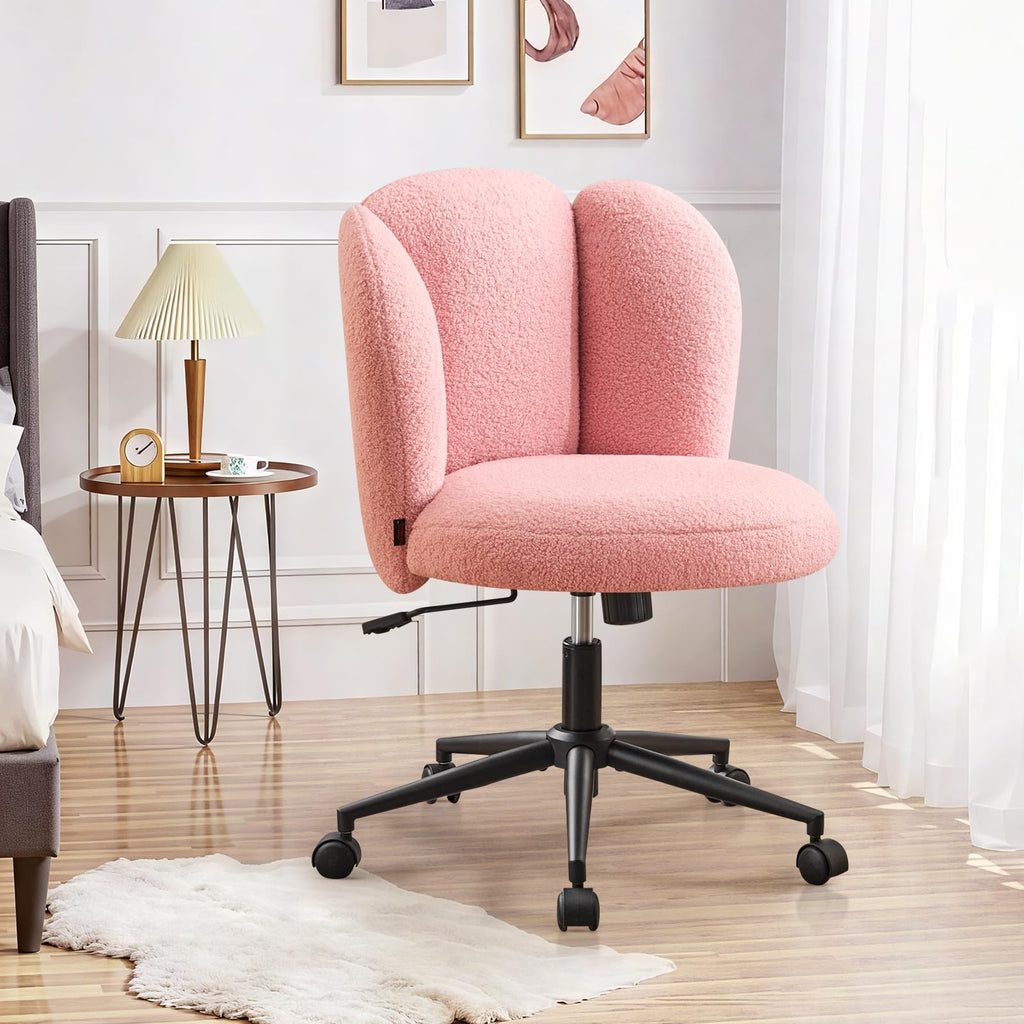 Furniliving Fluffy Armless Desk Chair, Upholstered Vanity Chair with Back, Comfortable Boucle Task Chair for Bedroom, Dressing Room, Home Office, Pink