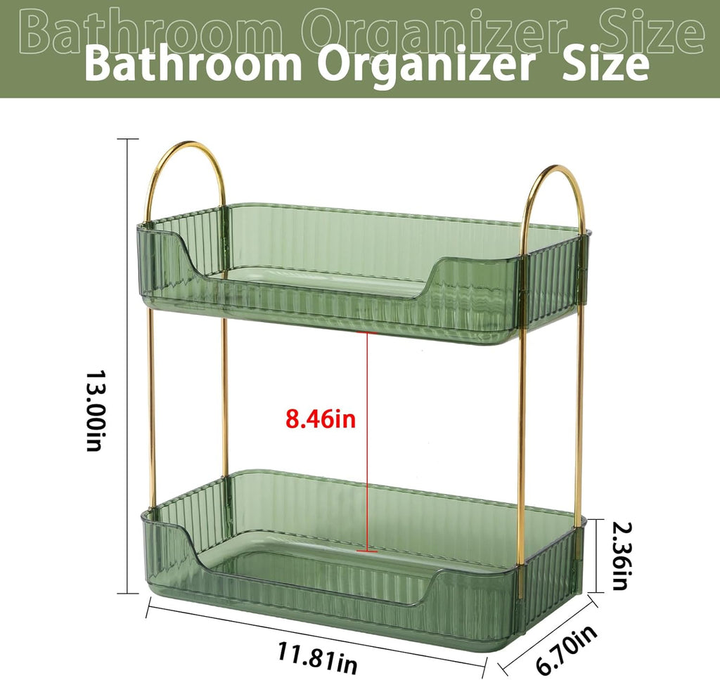 Shuang Qing Bathroom Counter Organizer - 2-Tier Makeup & Skincare Shelf in Green | Dresser & Vanity Storage