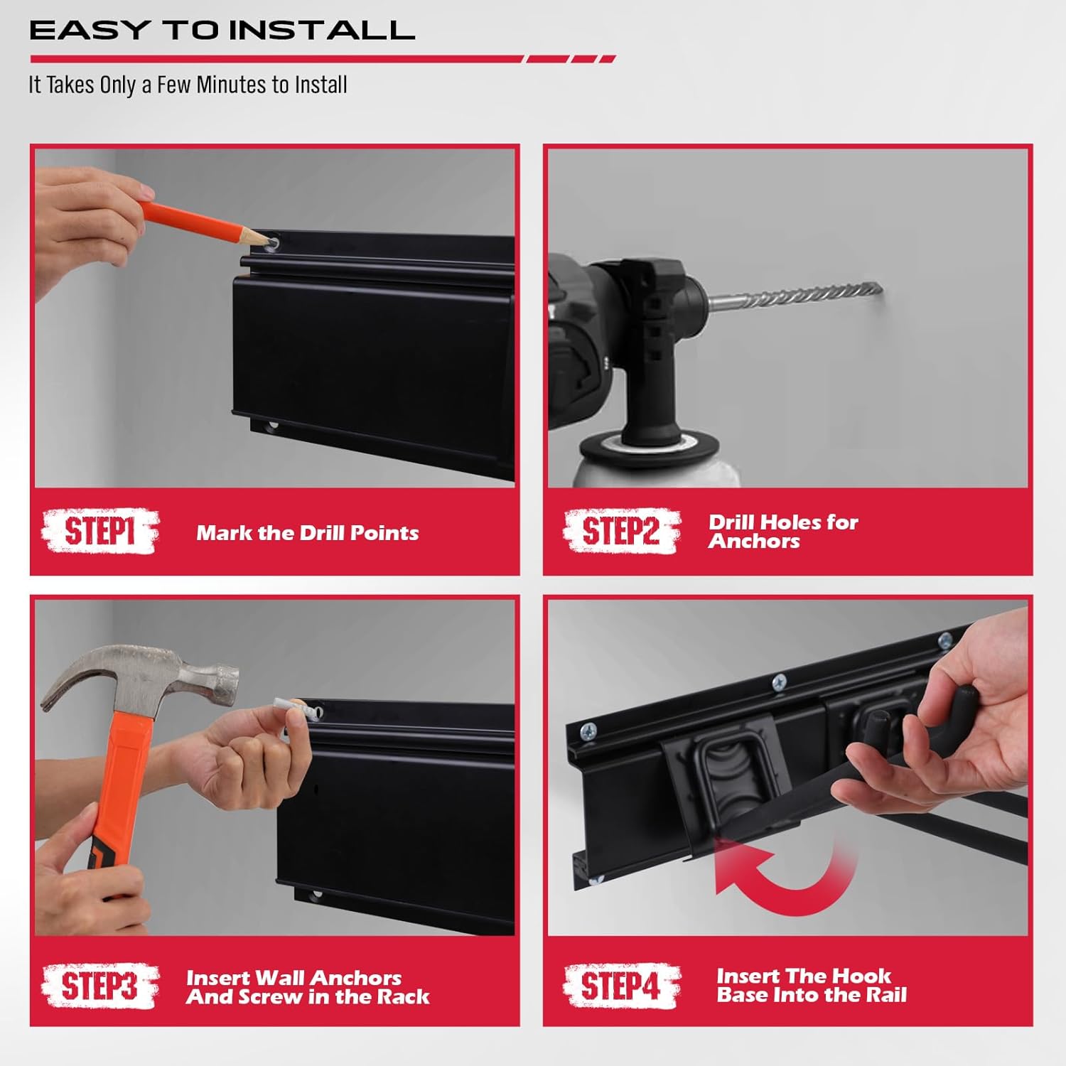 SEDY 48" Heavy-Duty Garage Wall Organizer - Adjustable Tool Storage Rack with 8 Hooks & 300lbs Capacity