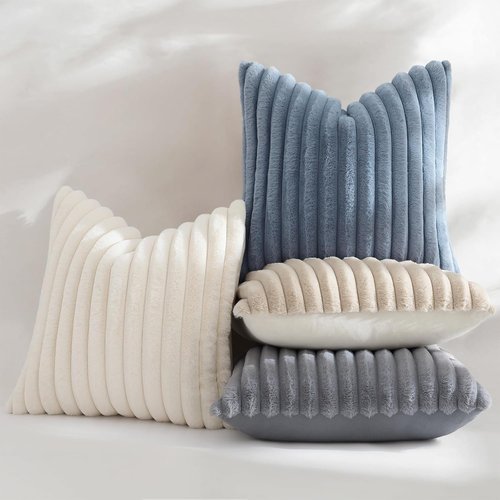 decorUhome Faux Fur Throw Pillow Covers - Set of 2 Soft Plush Striped 18x18 | Modern Farmhouse Cream White